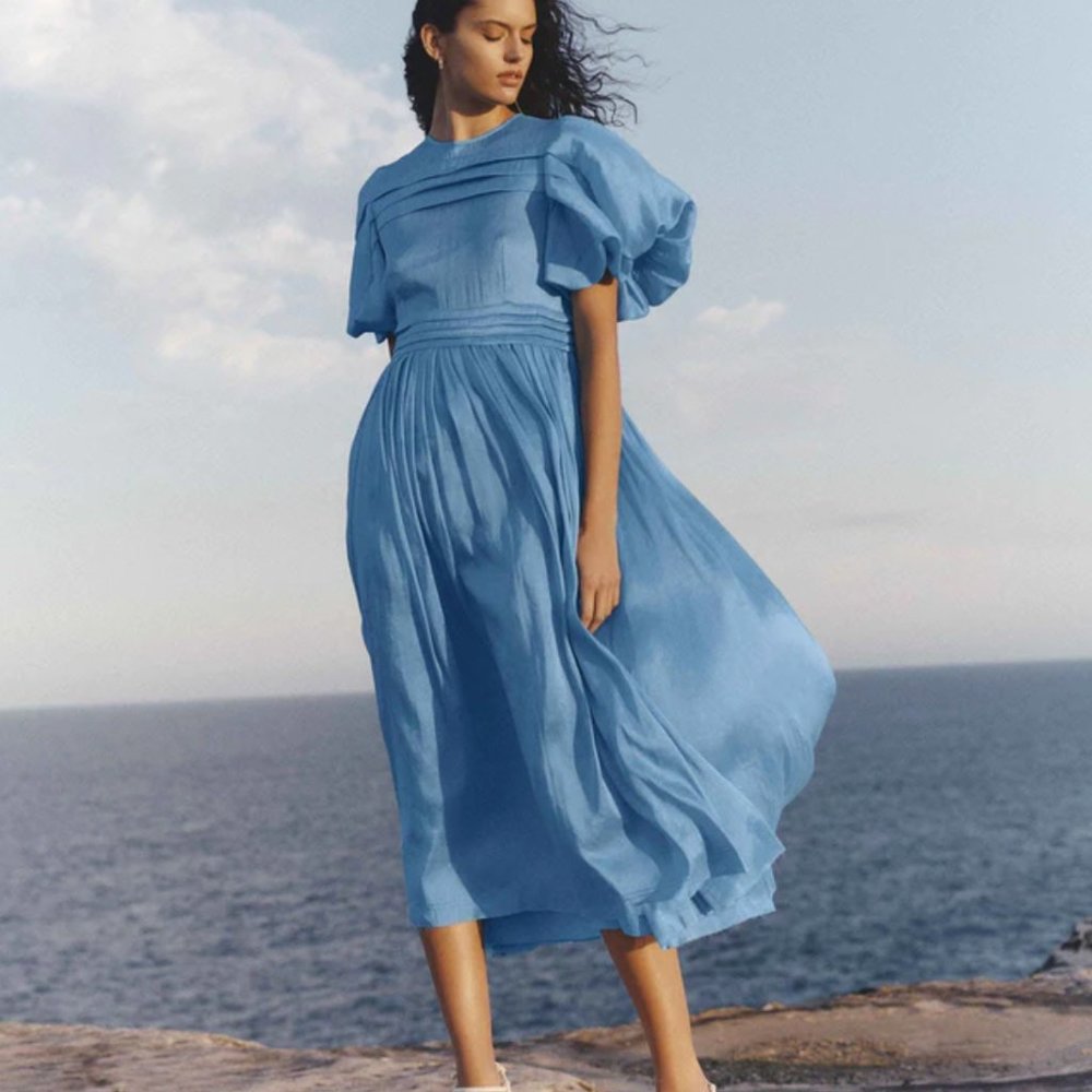 NWT Aje Sylvia Pintuck Midi Dress AZURE BLUE